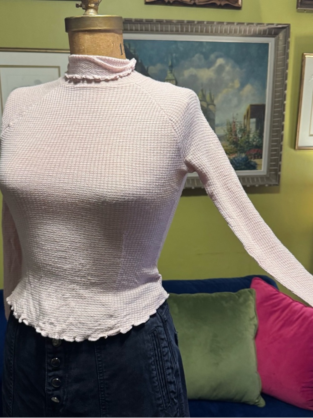 Free People Pale Pink Ruffle Mock Neck Long Sleeve Top - Picture 2 of 5